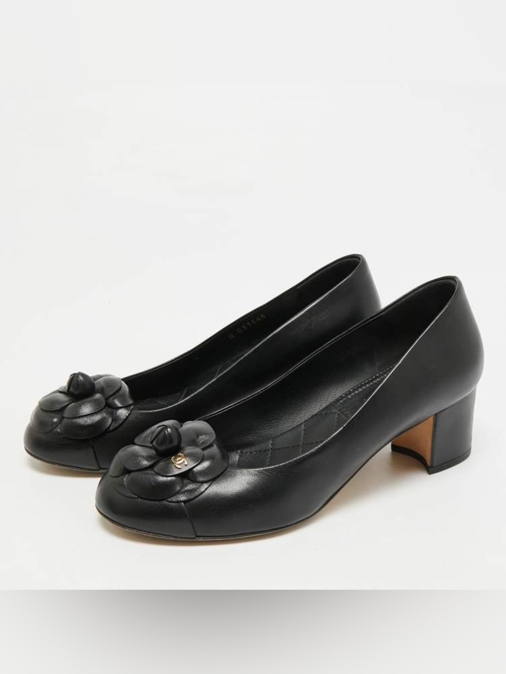 Authentic Chanel Black Leather Camellia Block Heel Pumps – Size 38C